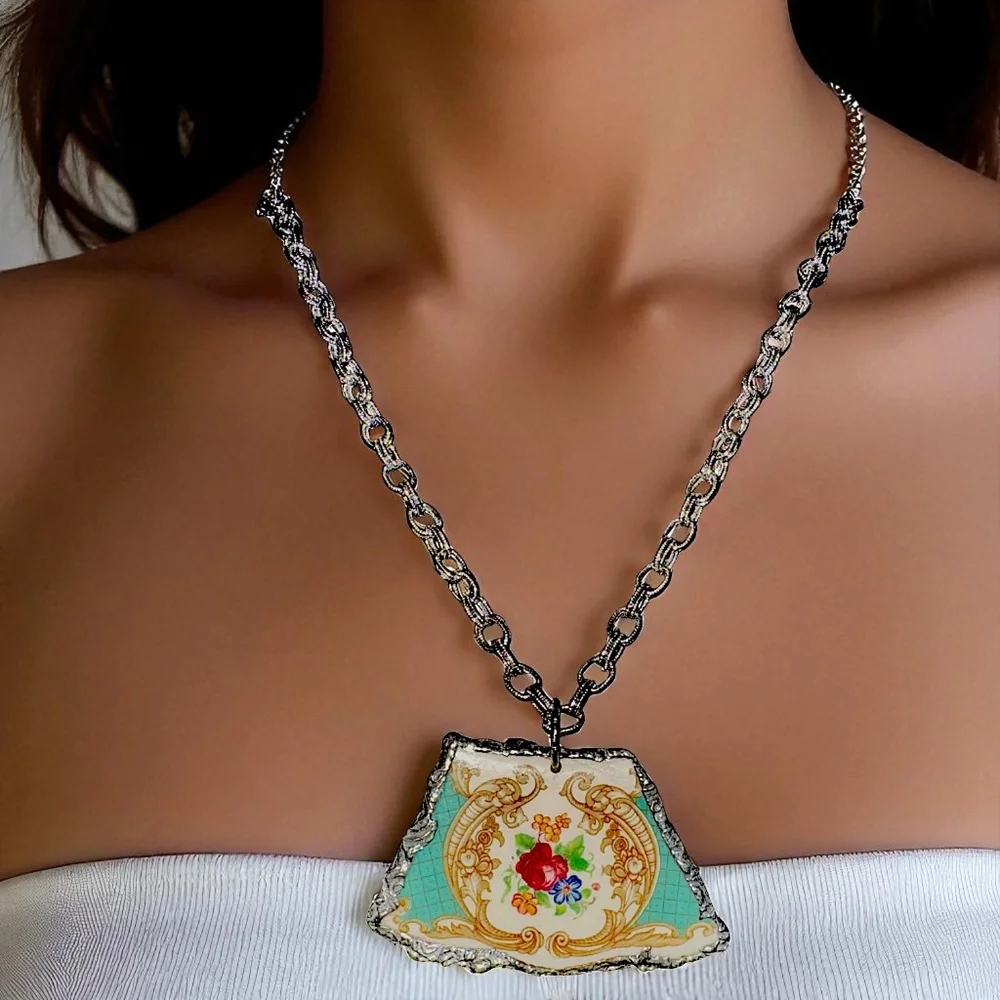 Vintage Floral Broken China Pendant Artisan Handcrafted Cabochon and Necklace